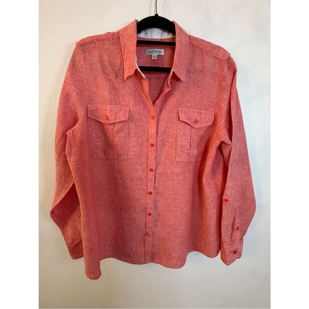 Orvis Blouse Women 100% Linen Red Long Sleeve Roll Tab Size 20 Pockets Plus Sz